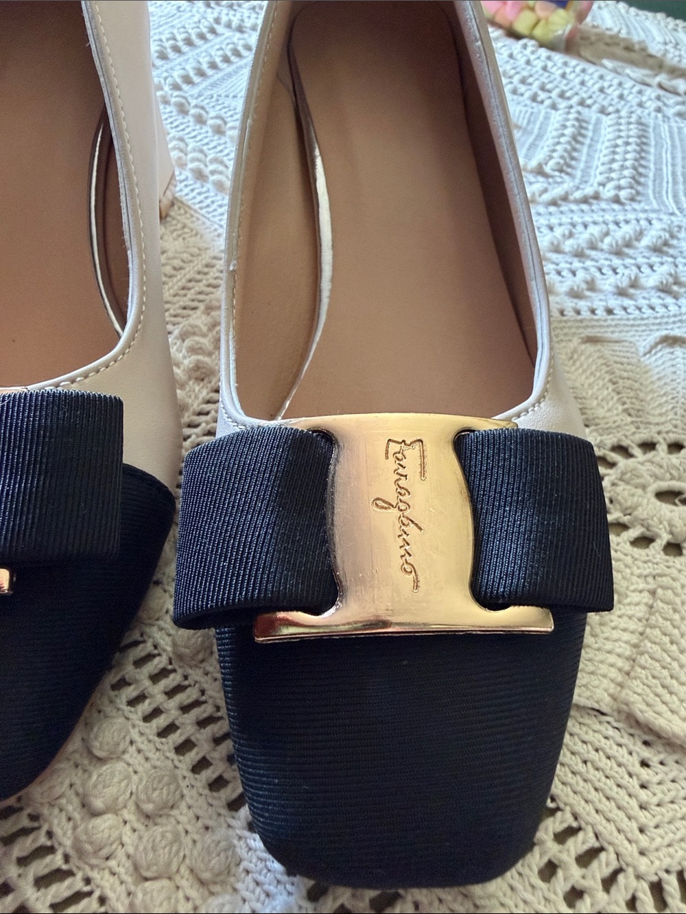 Forragamo Beige and Black Vara Bow Block Heel Pumps - Picture 6 of 6
